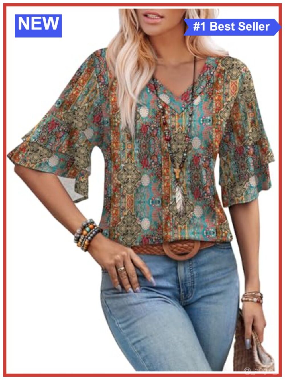 Women's Boho V-Neck Blouse 3/4 Bell Sleeve Peasant Top Dressy Casual